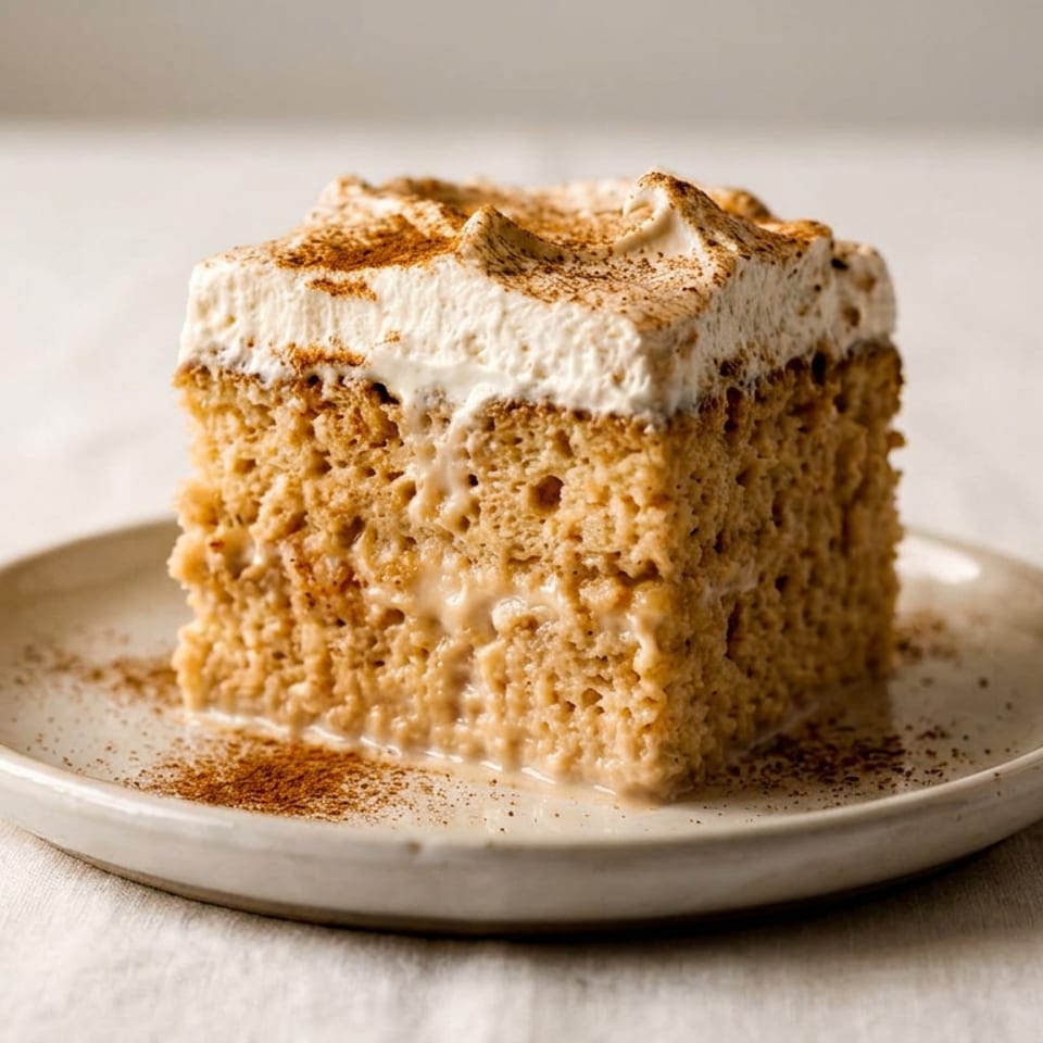 Square slice of tres leches cake topped with whipped cream and cinnamon, served on a ceramic plate.