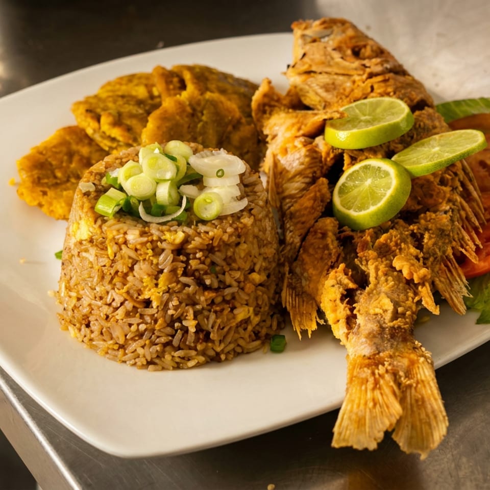 Fried whole fish with seasoned rice, fried plantains, lime slices, lettuce, and tomatoes on a white plate.