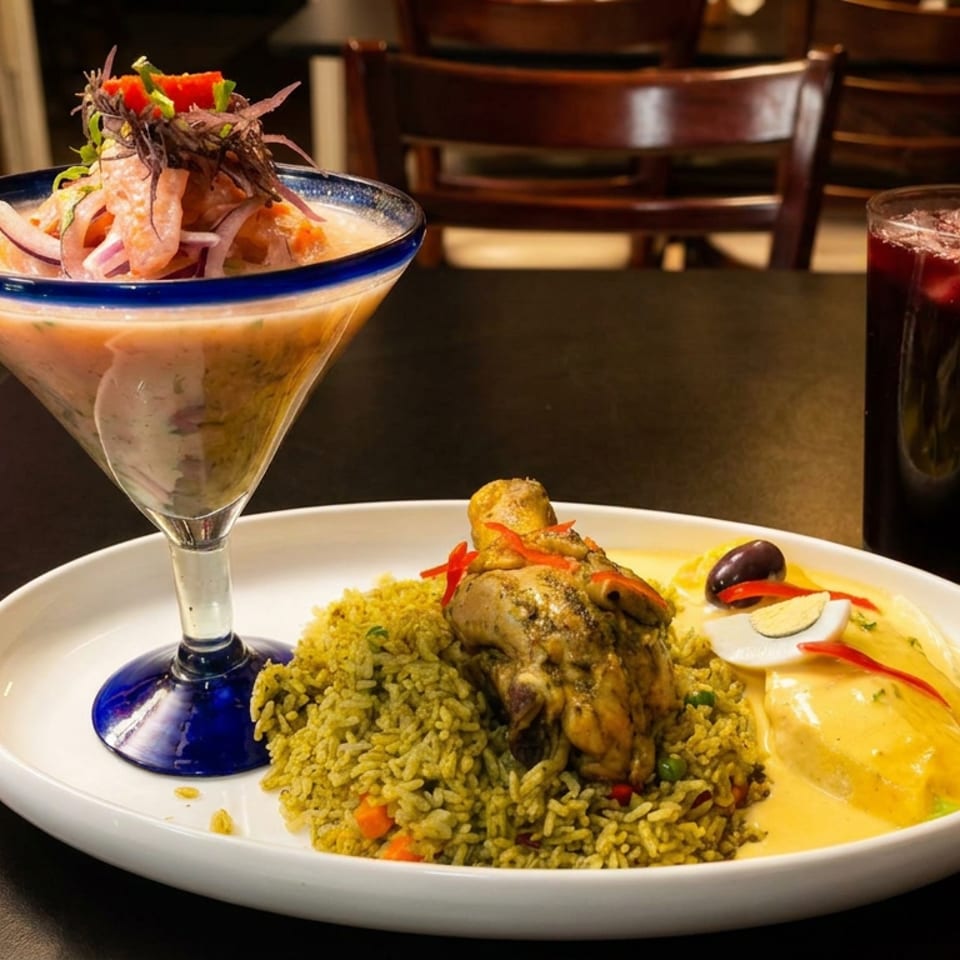 Plated Latin-inspired meal with seasoned rice, chicken, creamy sauce, salad, shrimp cocktail, and a dark beverage in a restaurant.