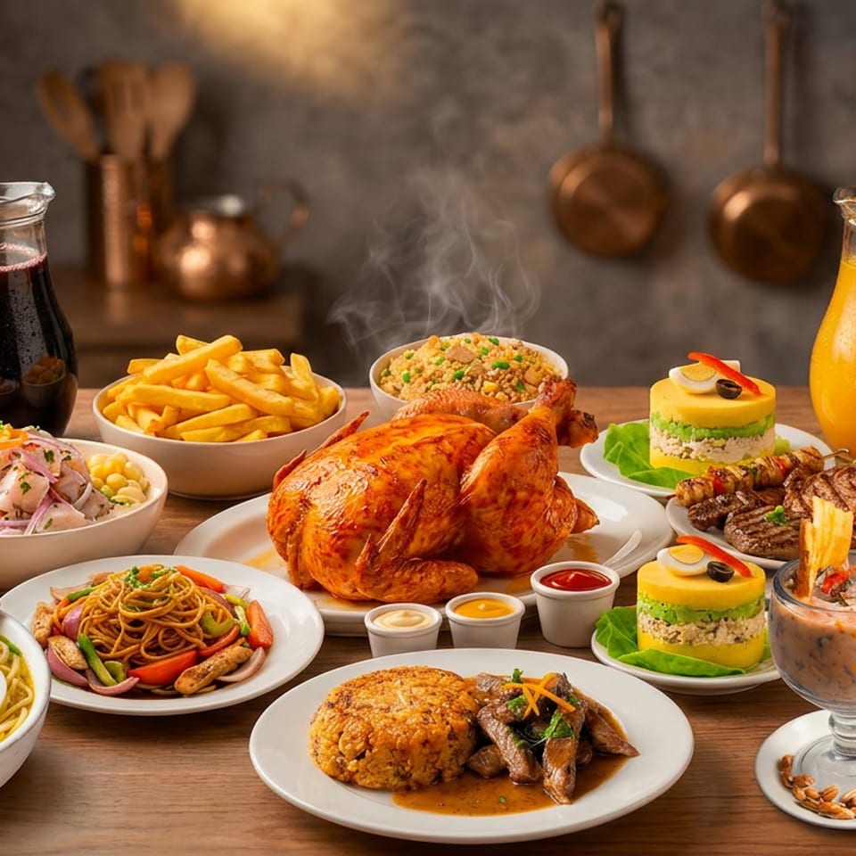 Abundant restaurant feast featuring roast chicken, fries, noodle and rice dishes, grilled meats, desserts, and colorful beverages on a wooden table.