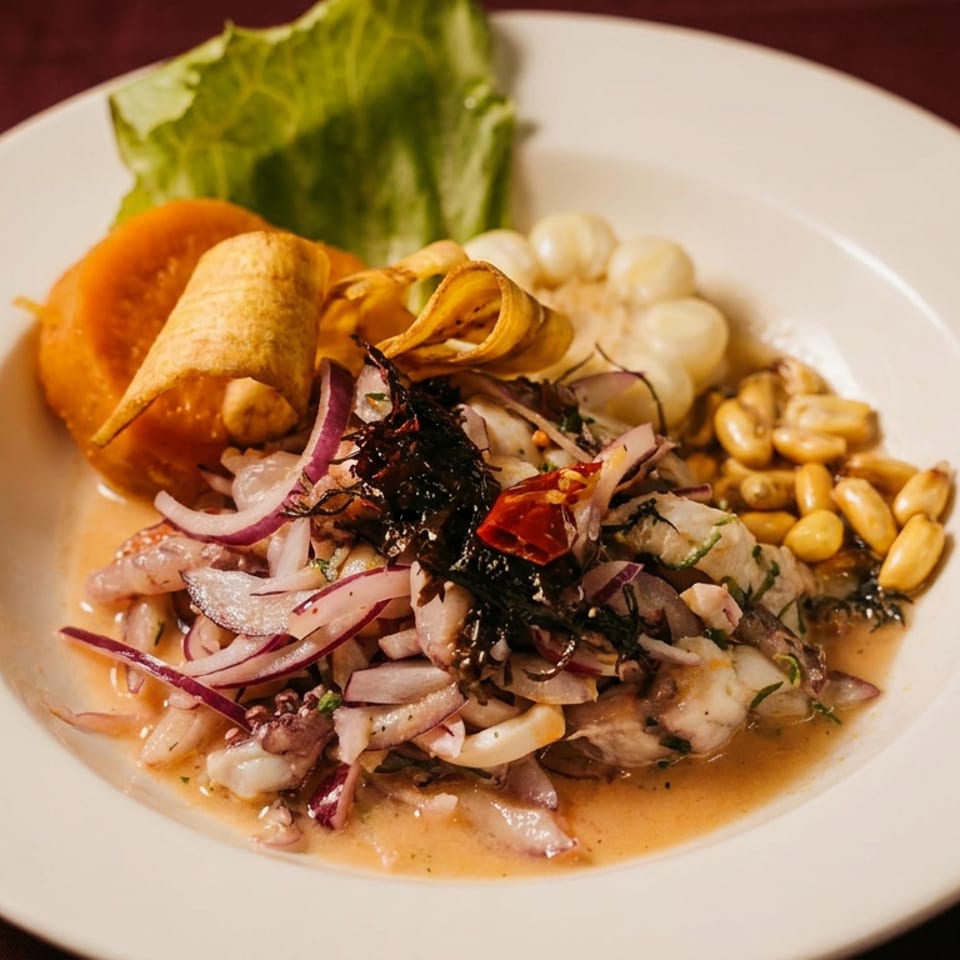 Peruvian ceviche topped with red onions and seaweed, served with corn, sweet potato, lettuce, and toasted kernels.