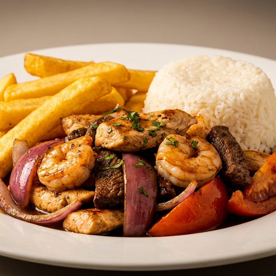 Plate of grilled chicken, beef, shrimp, onions, and tomatoes with fries and molded white rice.