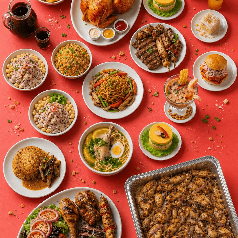 A spread of El Perucho's Peruvian food